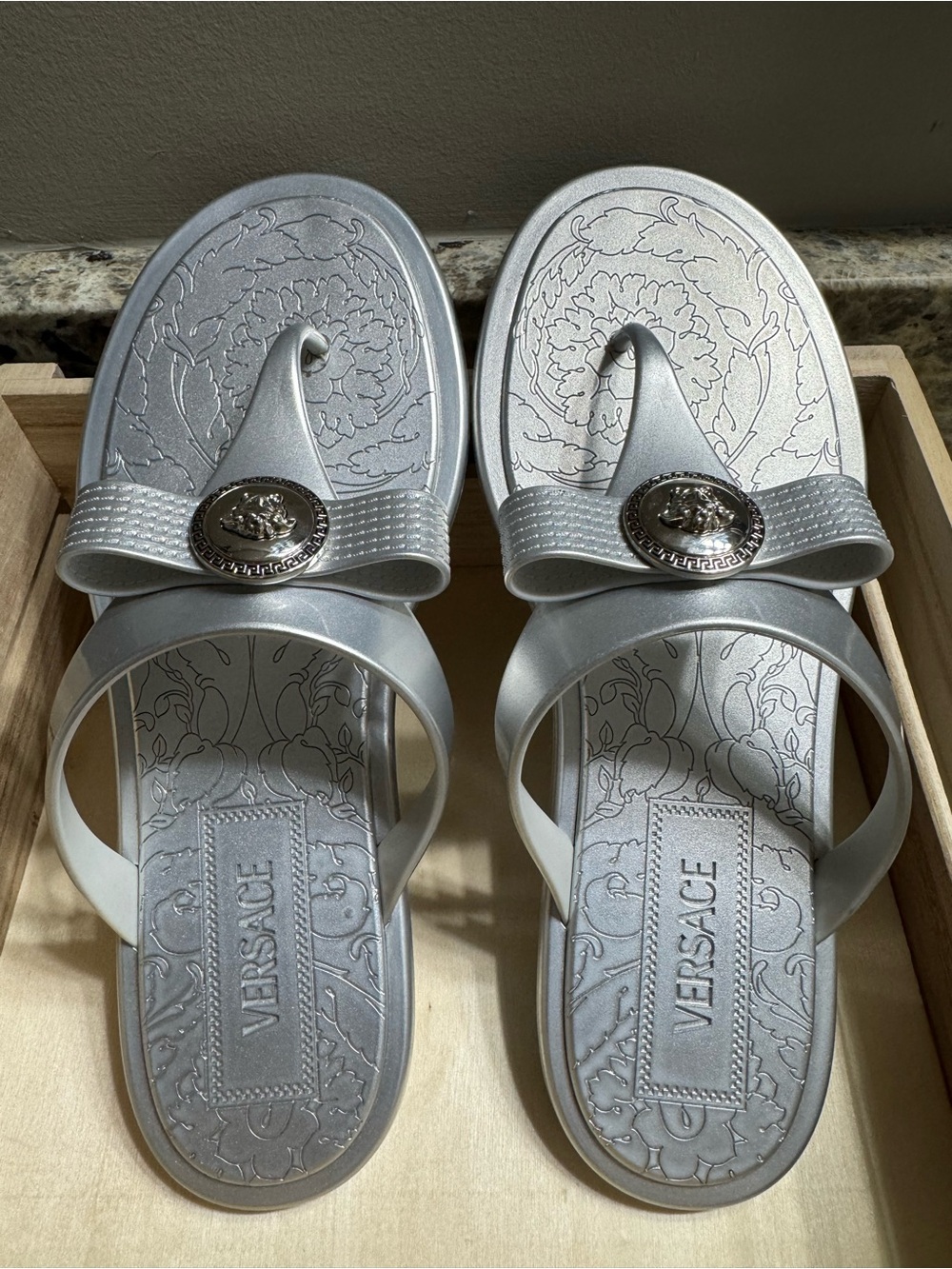 Versace Silver Metallic Medusa Bow Slide Sandals - Women's